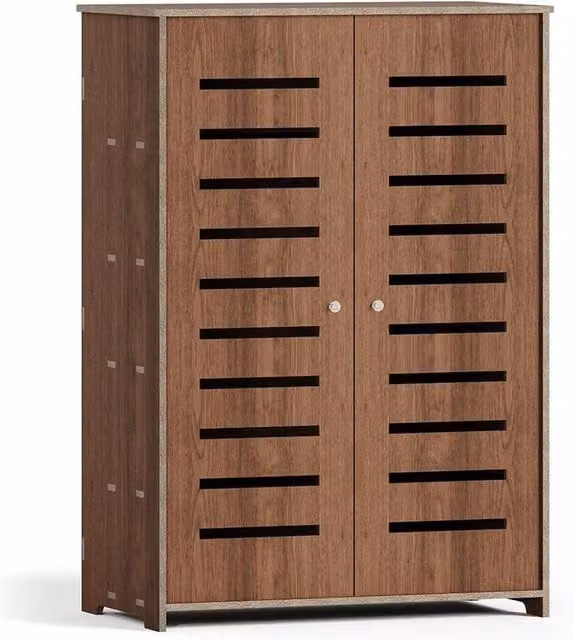 SPETLEK 5 Tier Wooden Shoe Storage Cabinet with 2 Hinged Doors in Brown – 1