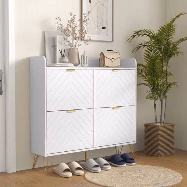 STILVORA Modern White Shoe Cabinet with 4 Tilting Compartments and Metal Legs – 1