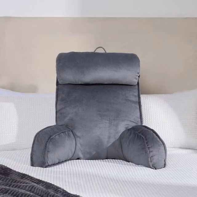 VOGREX Grey Plush Contoured Lumbar Support Reading Pillow with Arms for Adults
