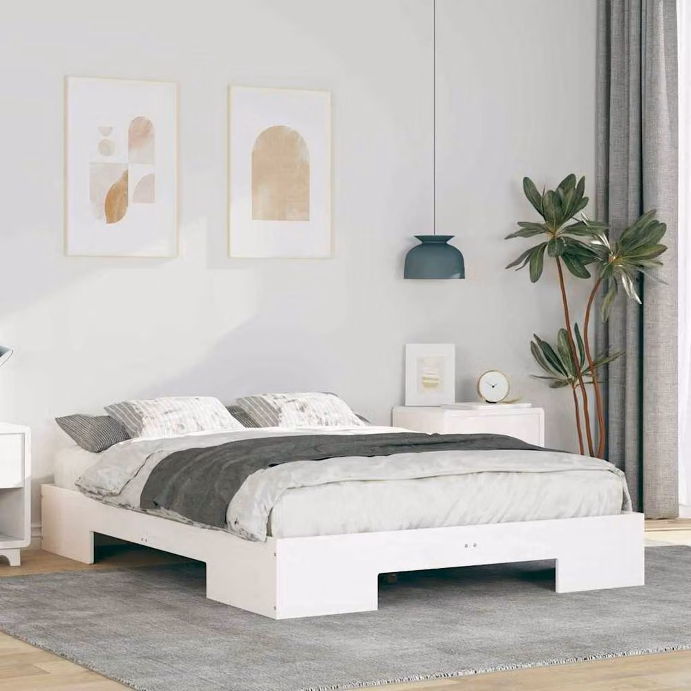 Berkfield Home Durable White Solid Pine Floor Bed Frame with Storage W: 120 cm, L: 200 cm – 2