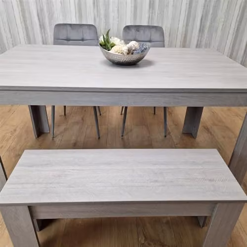 Kosy Koala Modern Grey Wood Effect Dining Table Set with 2 Grey Velvet Chairs and 1 Wood Bench, W/D/H: 117 x 77 x 75 cm – 2