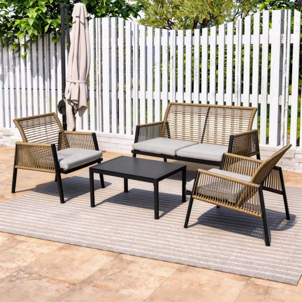 FURNITURE ONE 4 Seater Rattan Garden Furniture Set with Grey Cushions and Glass Coffee Table in Natural – 3