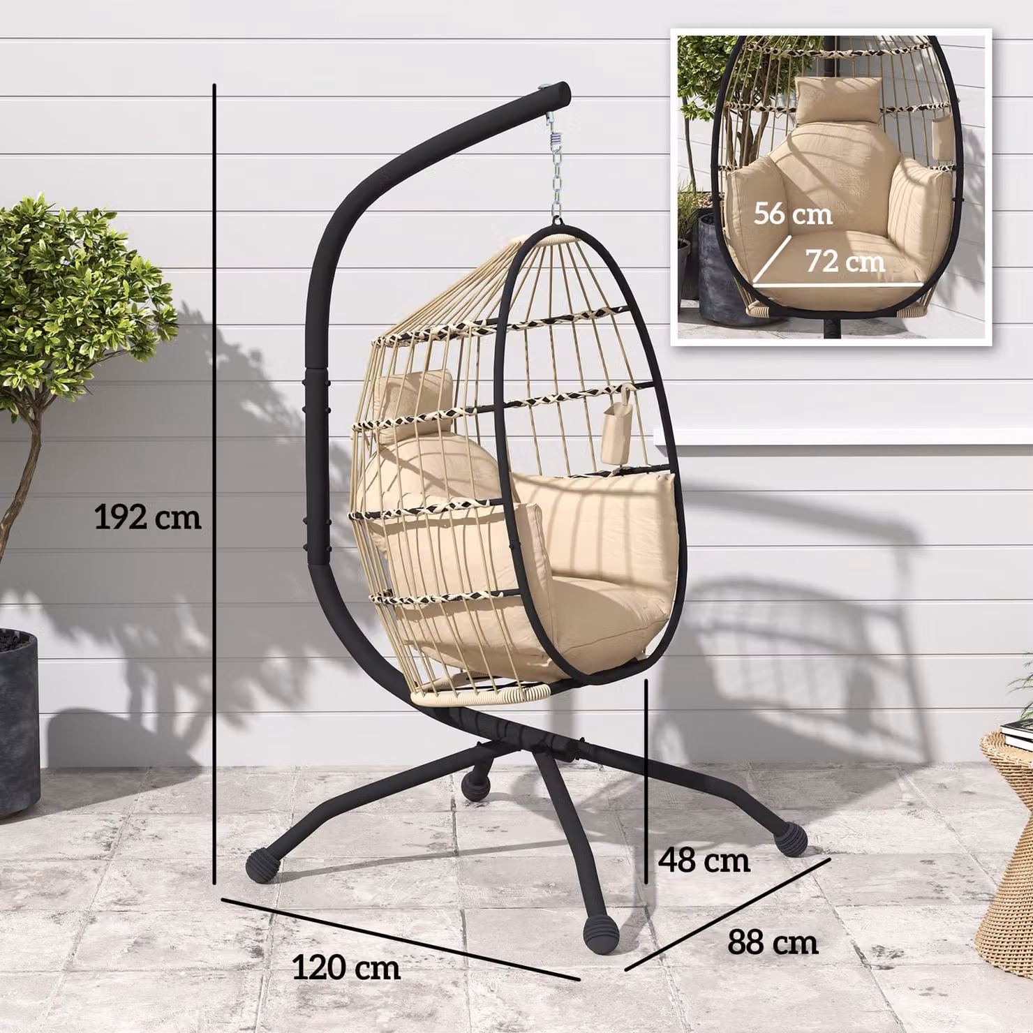 Outsunny Hanging Egg Chair with Stand and Cushions in Beige – 3