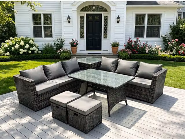 Fimous Outdoor Rattan Garden Furniture Set with Corner Sofa, Dining Table and 2 Footstools in Dark Grey – 2