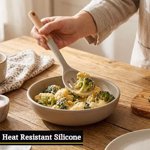 Premier Housewares Grey Silicone and Wood Slotted Skimmer Spoon, Heat-Resistant and Non-Scratch Kitchen Utensil – 5
