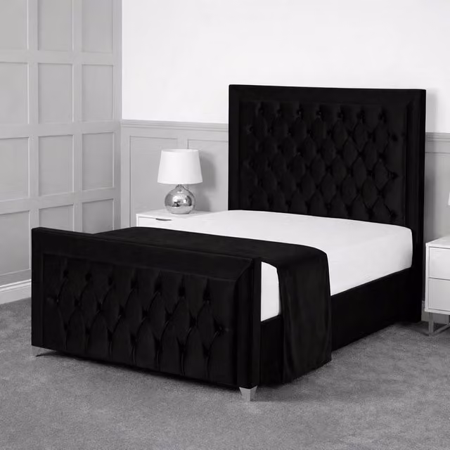 Living Comfort Bedz Ember Black Velvet Upholstered Gas Lift Storage Bed with 48 Inch Headboard, Size: Small Double (W/D/H: 120 x 200 cm) – 1