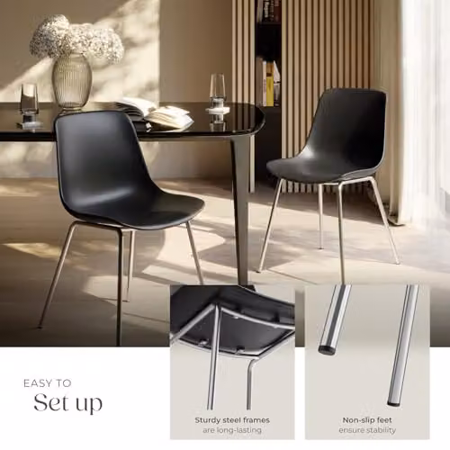 tectake Set of 2 Classic Dining Chairs with Ergonomic Plastic Seats and Chrome-Plated Steel Legs in Black – 4