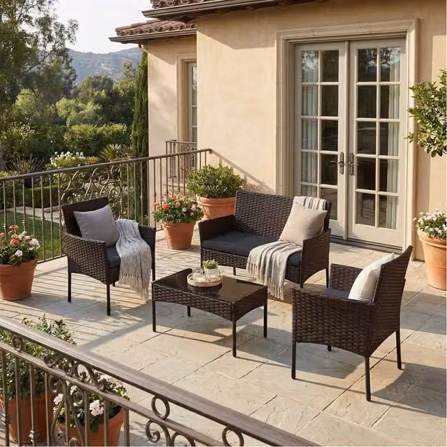 SONGMICS 4 Piece Modern Rattan and Metal Patio Set in Brown and Beige