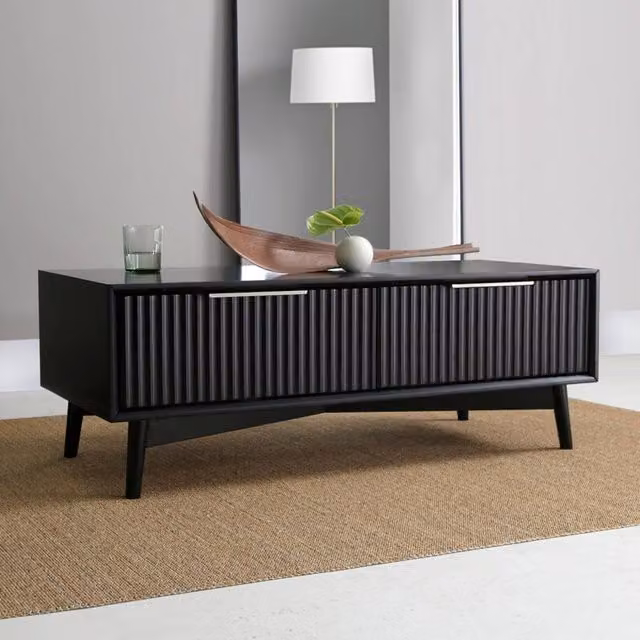 Home Garden Direct Monza Mid-Century Rectangular Coffee Table with Fluted Drawers in Black and Grey