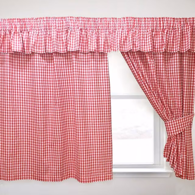Kitchenwise Gingham Check Cherry Red Pencil Pleat Fabric Curtains