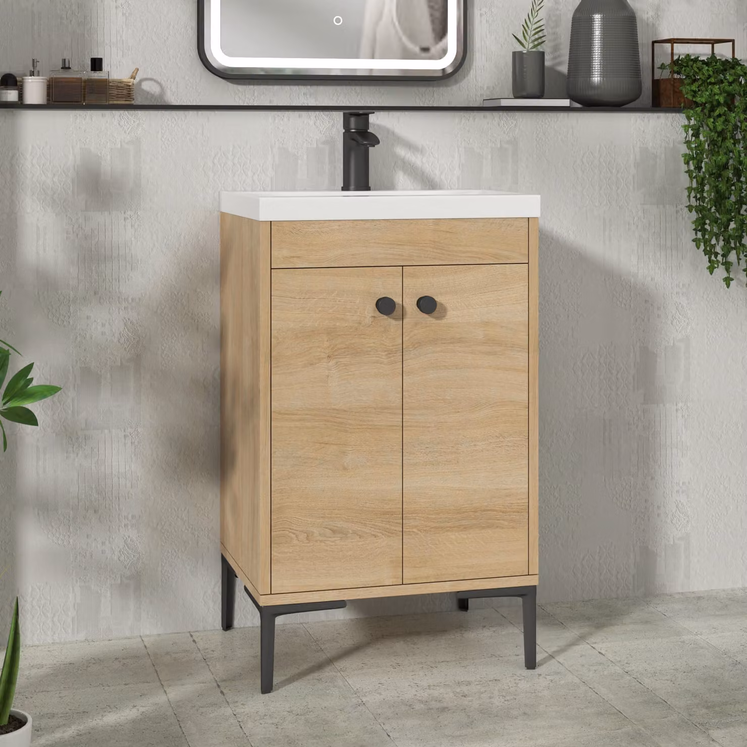 Royal Bathrooms Verona 500mm Natural Oak Floor Standing 2 Door Vanity Unit with Mid-Edge Basin and Matt Black Knob