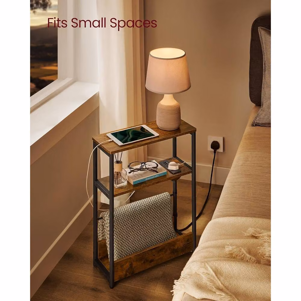 The Bazaarist Slim Nightstand with Charging Station and Magazine Rack in Brown and Black – 3