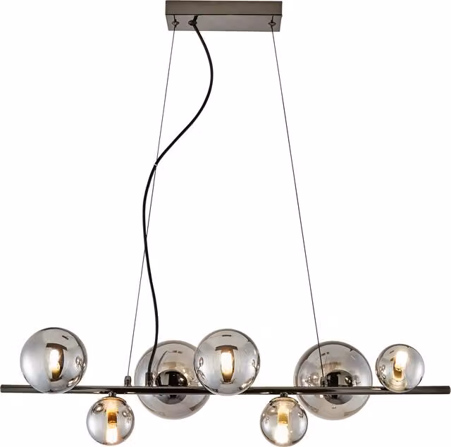 Litecraft Molly 7 Light Pendant Ceiling Light with Grey Glass Sphere Shades in Black Chrome