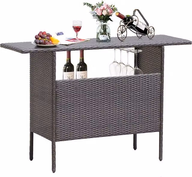 Costway Modern Brown Rattan and Metal Outdoor Bar Table