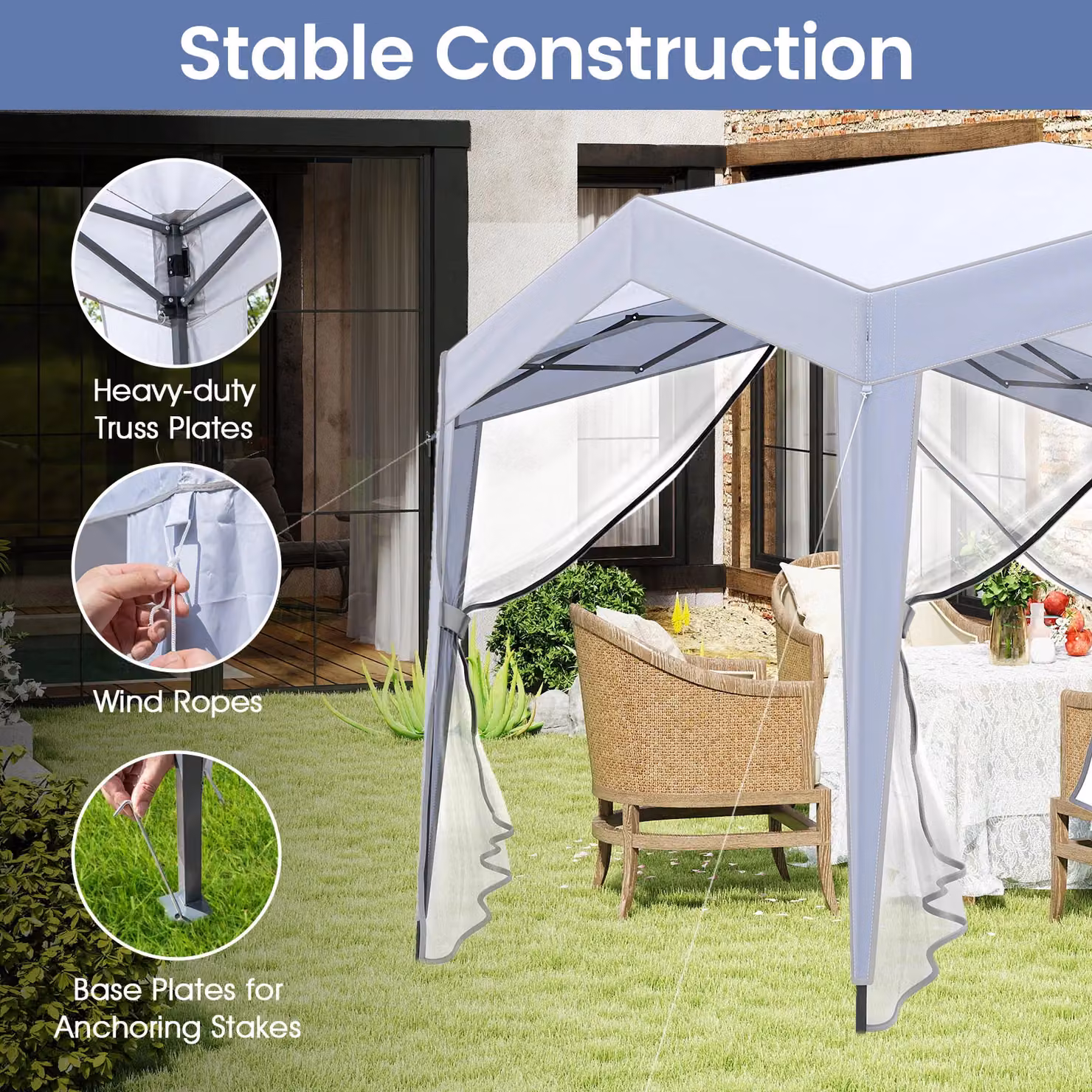 Gymax White Pop Up Canopy Tent Folding Garden Gazebo W: 302 cm, D: 302 cm, H: 265 cm – 4