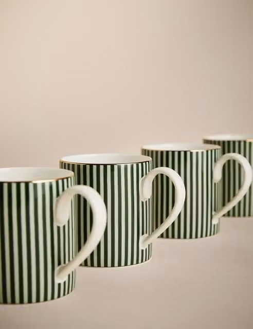 M&S Set of 4 Green Striped Bone China Mugs