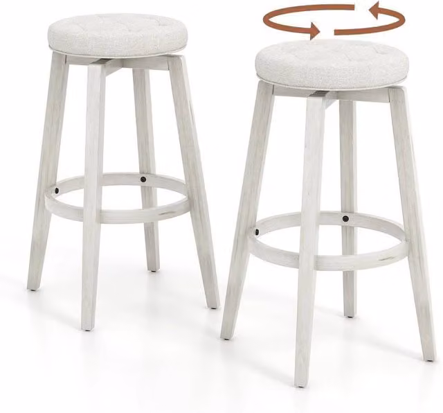 Kelvenix Set of 2 White Fabric Upholstered Vintage Bar Stools with Rubberwood Frame and 360 Degree Swivel