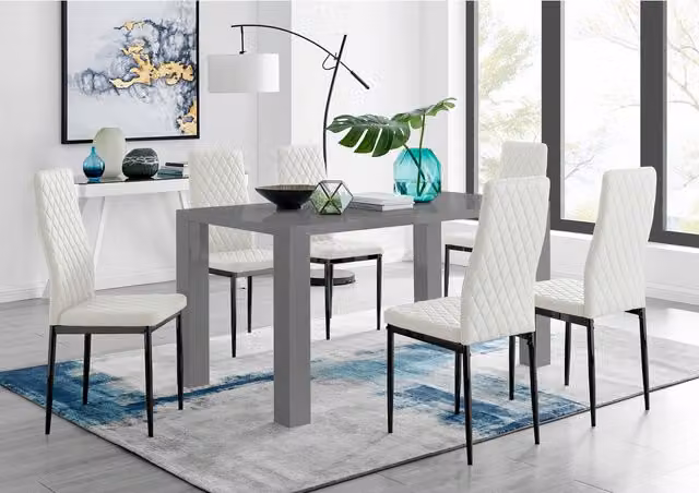 FurnitureboxUK Pivero Grey Rectangular Dining Table and 6 Milan Black Leg Chairs in White