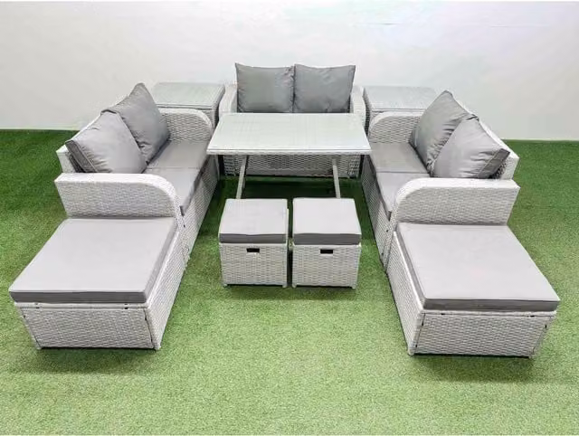 Fimous 10-Seater U-Shape Rattan Patio Sofa Set in Light Grey with Dark Grey Cushions