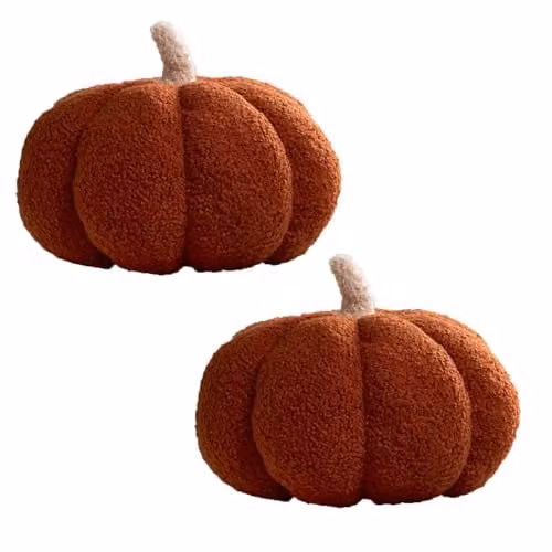 OHS Set of 2 Orange Pumpkin Plush Boucle Cushions for Autumn and Halloween Decor, W/D/H: 25 x 25 x 25 cm – 1