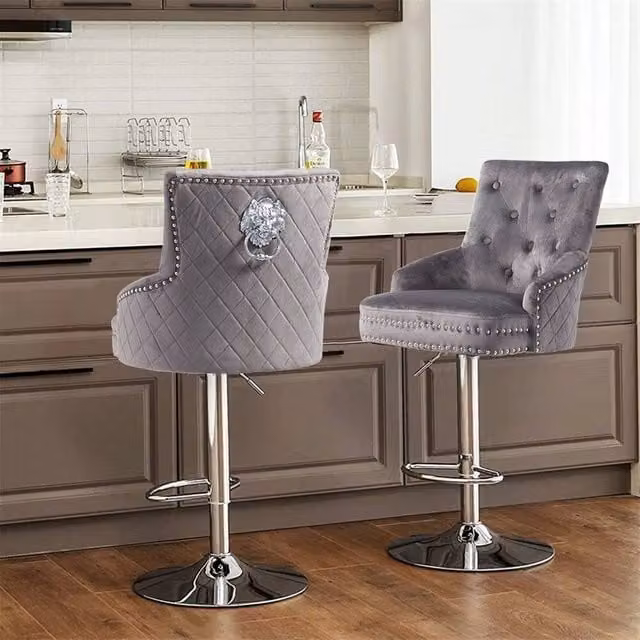 KORVIXA Modern Swivel Velvet Bar Stool in Grey, Height: 120 cm – 1
