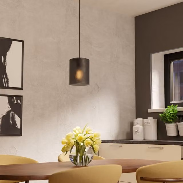 Eglo Colomera Modern Minimalist Cylinder Pendant Light in Black and Grey Metal and Glass