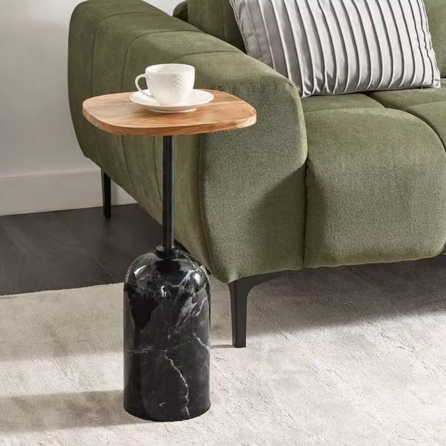 Wyld and Coco Conte Living Round Side Table with Acacia Wood Top and Black Metal Base, Diameter: 30 cm