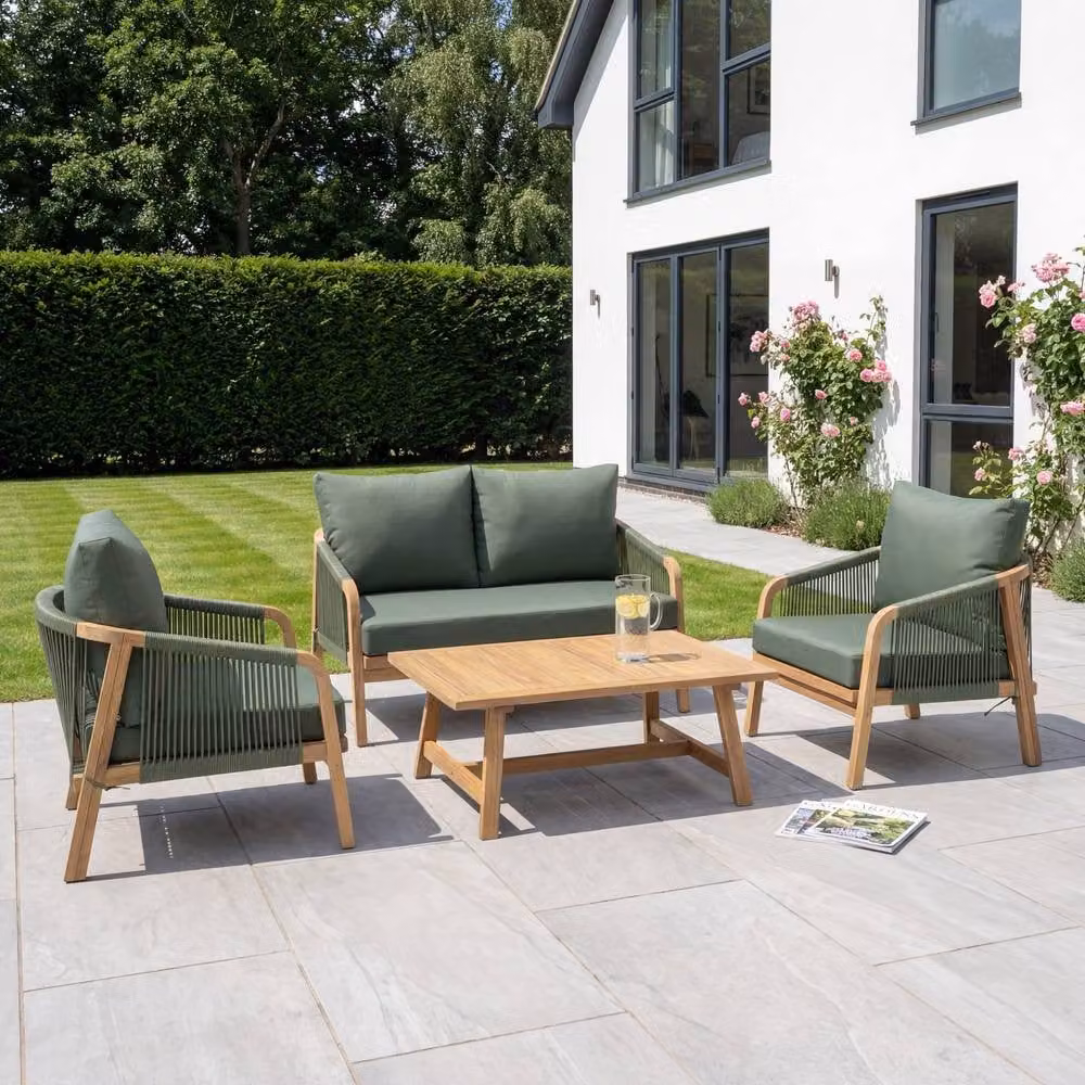 Artemis Home Andria 4-Seat Garden Lounge Set in Green with Acacia Wood Frame and Upholstered Cushions – 3