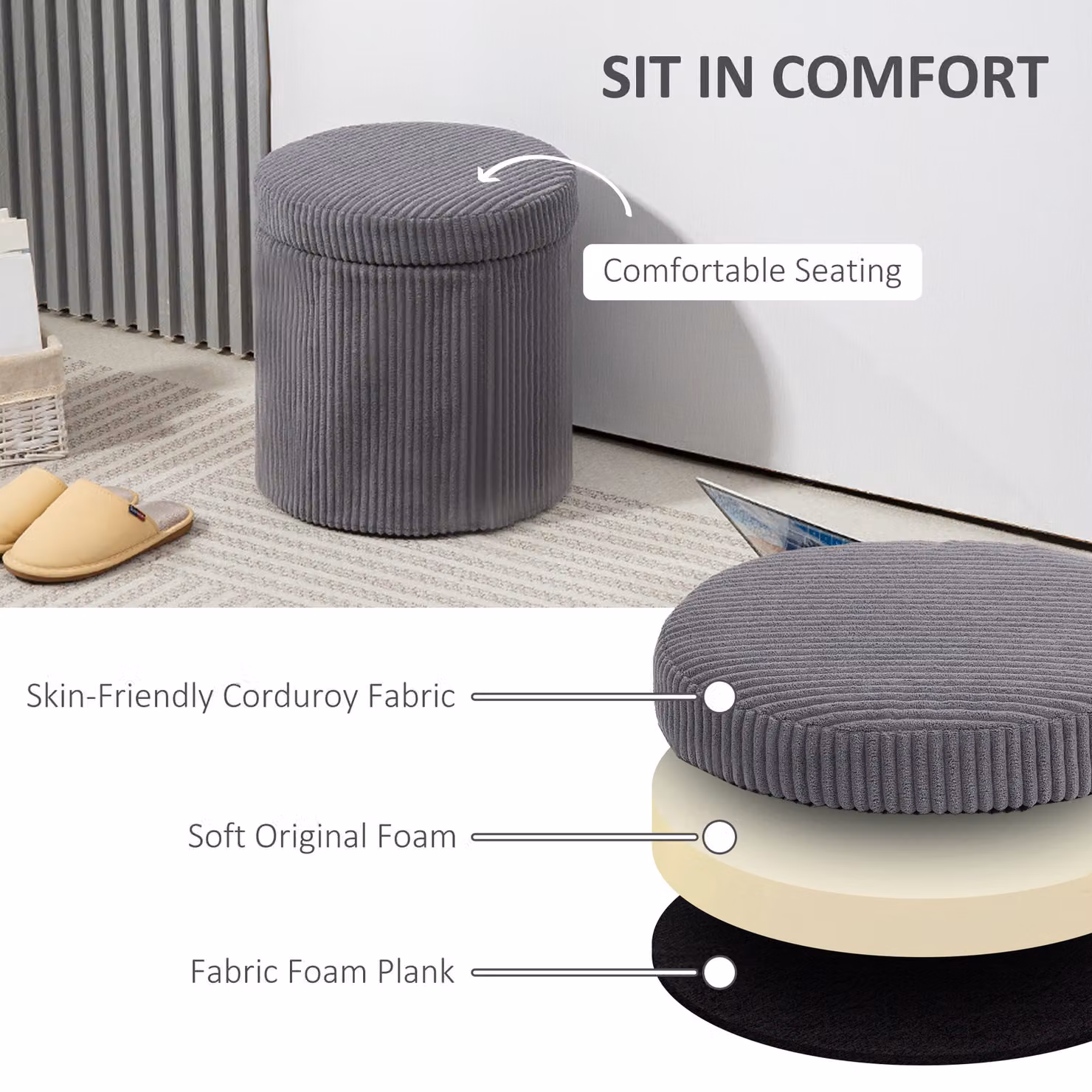 HOMCOM Grey Corduroy Round Storage Ottoman and Footstool with Removable Lid and Metal Legs, Diameter: 40 cm – 3