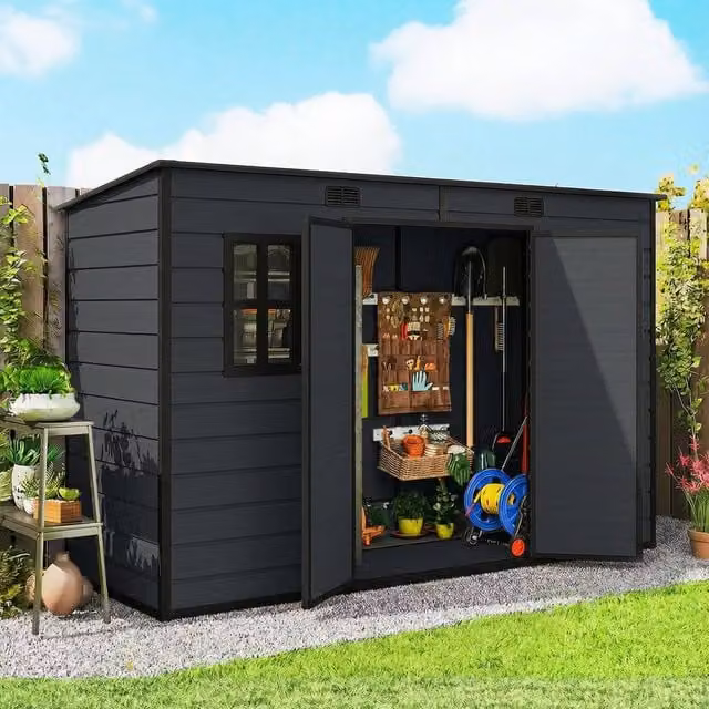 OUTSUNNY Plastic Garden Shed with Floor and Lockable Doors, Dark Grey, W: 300 cm, D: 100 cm, H: 184 cm