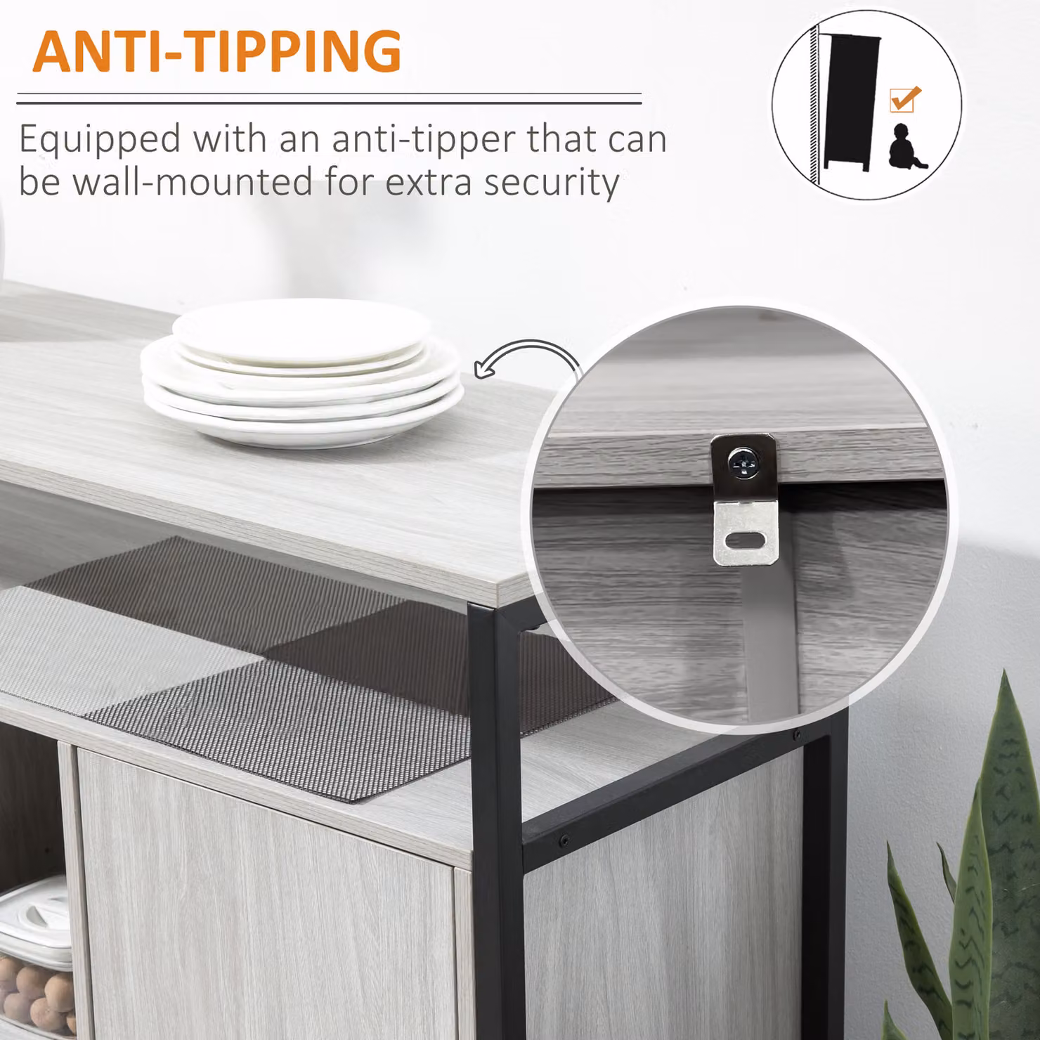 HOMCOM Contemporary Steel-Framed Kitchen Storage Cabinet and Living Room Sideboard with Adjustable Shelves and 2 Doors, Light Grey – 5