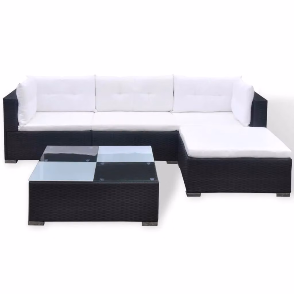 Berkfield Home 5 Piece Black Poly Rattan Garden Lounge Set with Cushions and Powder Coated Steel Frame – 3