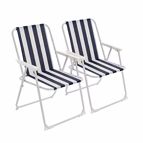 Harbour Housewares Pack of 2 Folding Blue Striped Metal Beach Deck Chairs with Armrests – 1