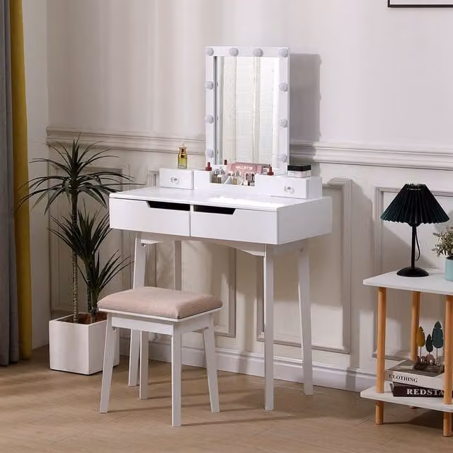 Livingandhome Modern Makeup Desk Set with Hollywood LED Lighted Mirror and Stool in White