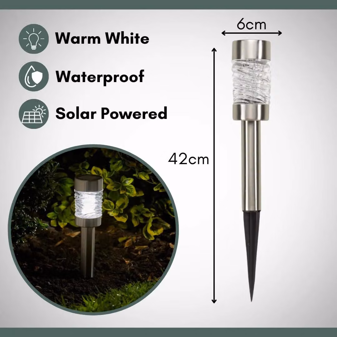 Marco Paul 4 Pack of Silver Stainless Steel Solar LED Garden Stake Lights, Height: 42 cm – 3