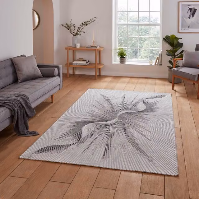 Creation 50156 Modern Abstract Machine Woven Metallic Effect Yarn Rug in Silver, Beige and Grey