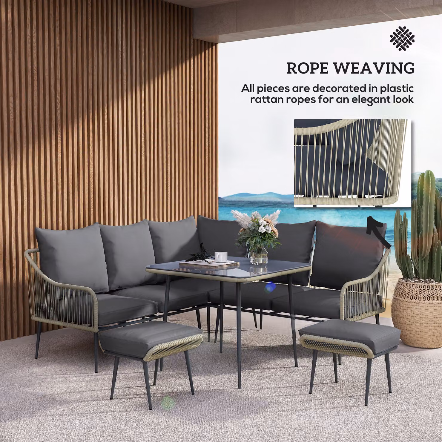 Outsunny 6 Piece Garden Furniture Set with Corner Sofa, Glass Top Table and Footstools in Light Grey – 7