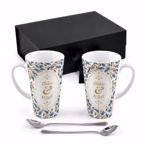 Purely Home Older & Wiser Ornate Tall Latte Mugs and Spoons Gift Set in Blue and Gold with Floral Design