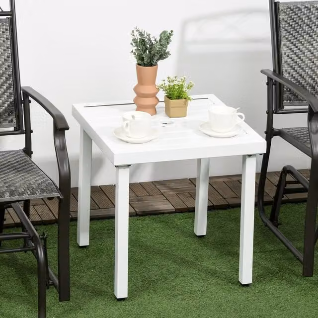 Outsunny Modern White Garden Side Table with Umbrella Hole and Glass Top