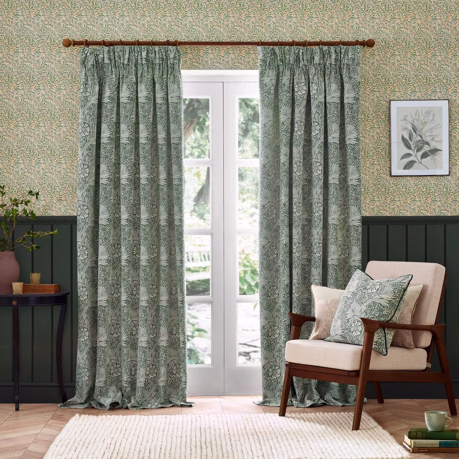 Morris & Co Marigold Floral Jacquard Pencil Pleat Curtains in Green, Width: 168 cm, Drop: 137 cm – 2