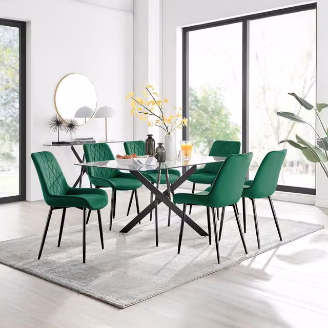 FurnitureboxUK Leonardo Rectangular Glass Dining Table with 6 Pesaro Green Chairs and Black Legs
