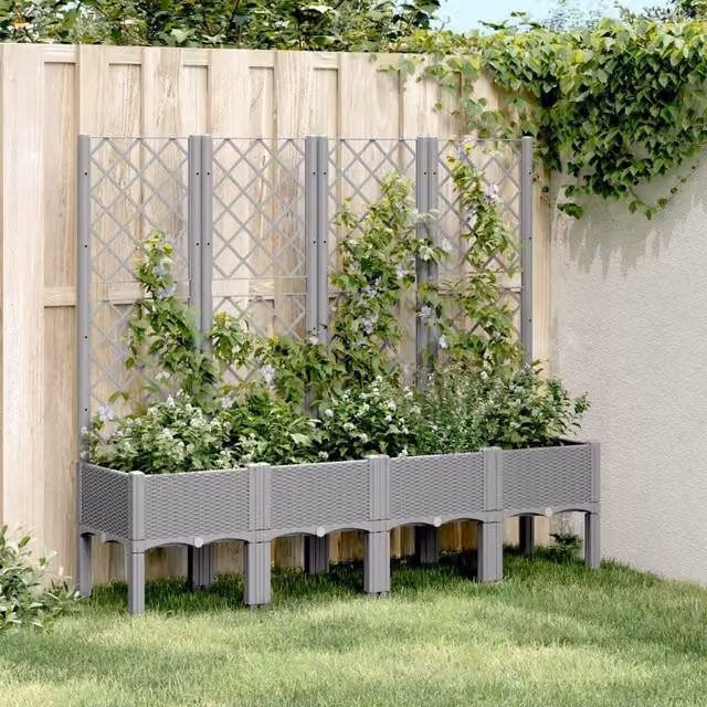 Berkfield Home Garden Planter with Trellis in Light Grey, W: 160 cm, D: 40 cm, H: 142 cm – 1