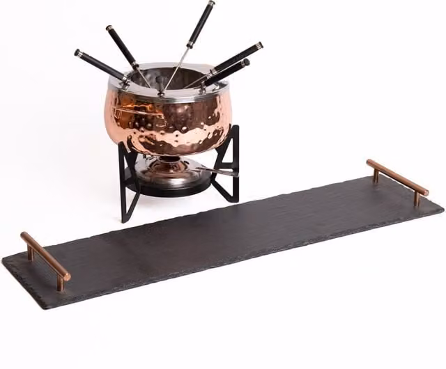 Artes Copper Finish Fondue Set with Black Slate Serving Platter and Copper Coloured Handles