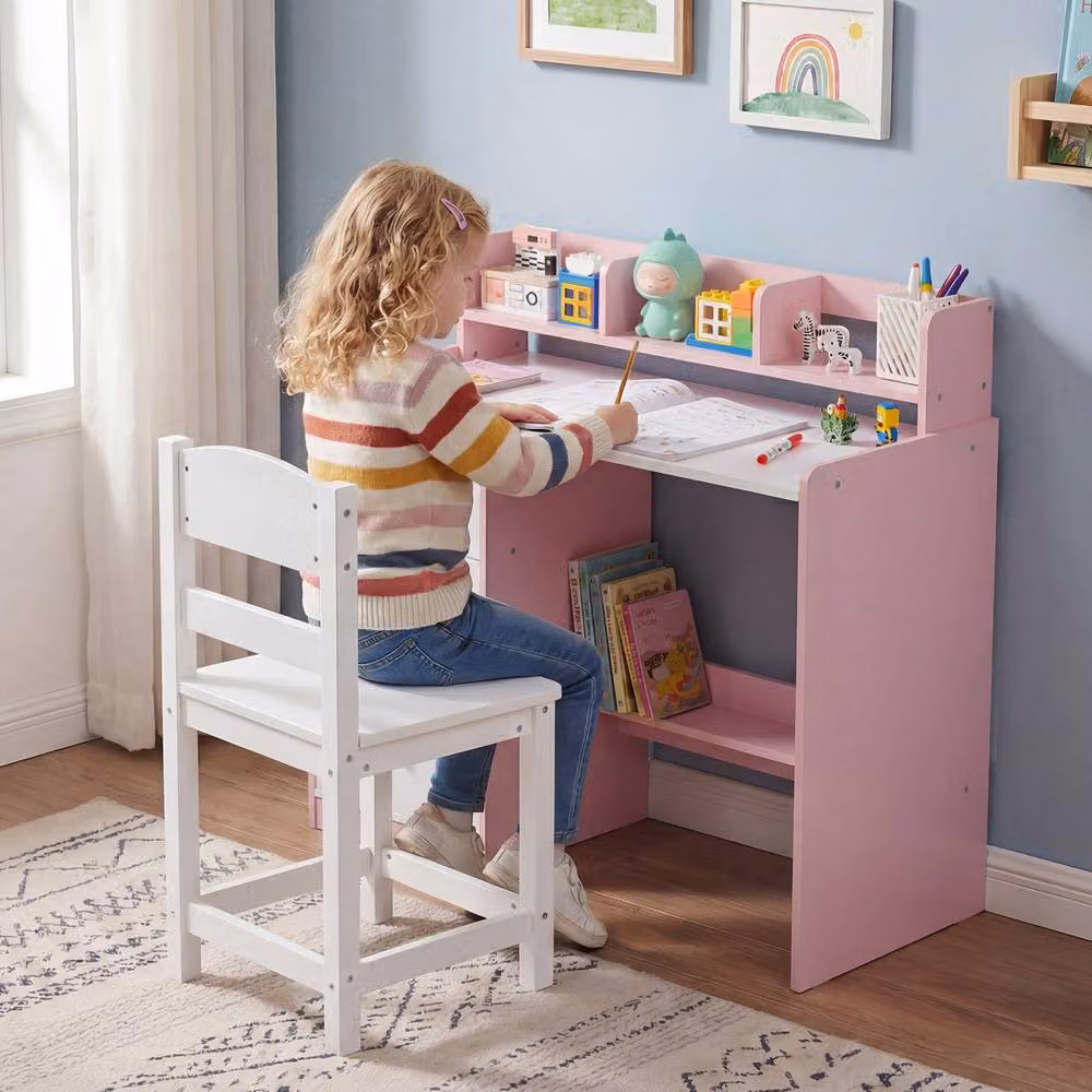 Costway Kids Study Desk and Chair Set with Wooden Hutch and Storage Shelf in Pink and Multicolour – 4