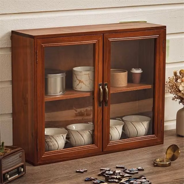 Nordara 2 Tier Vintage Wooden Storage Cabinet and Wall Mounted Shelf in Dark Brown