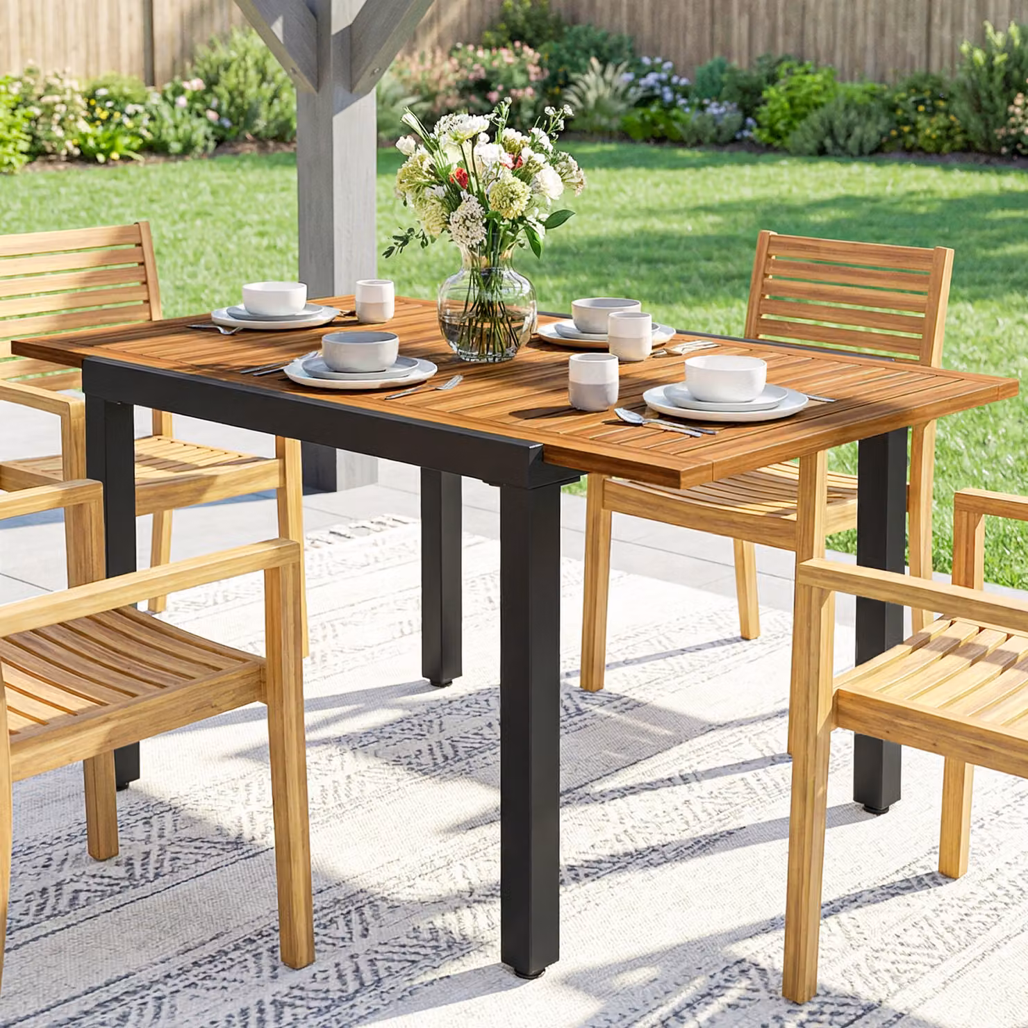 Outsunny Extendable Acacia Wood Patio Dining Table in Natural and Black – 8