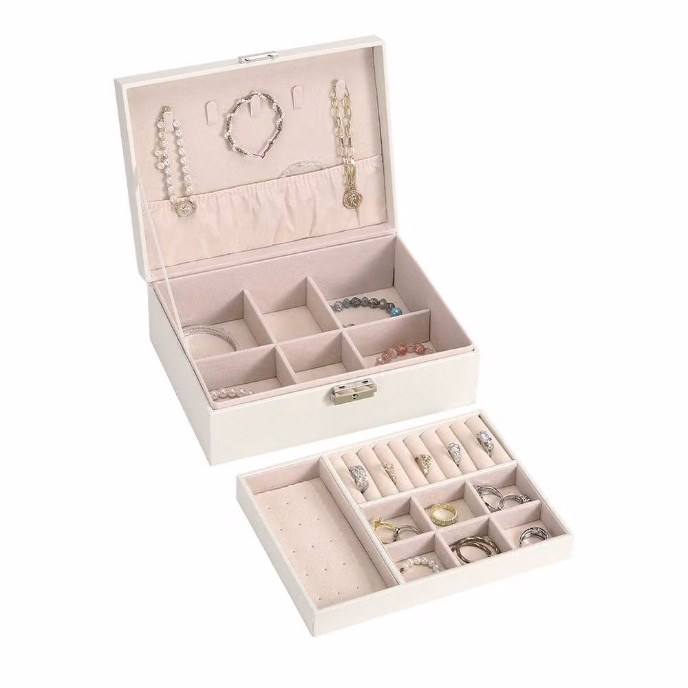Garden Sanctuary White 2-Tier PU Leather Jewellery Box with Lock – 2