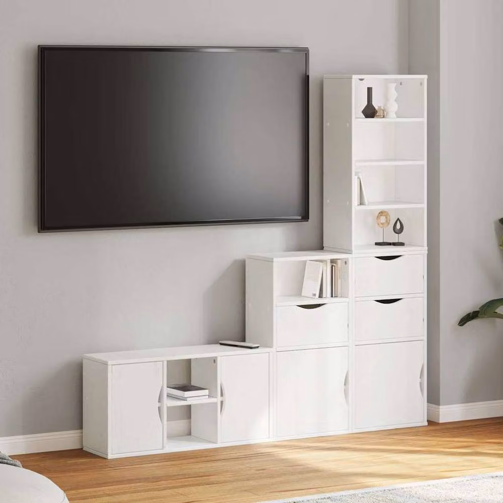 Berkfield Home ODDA 4 Piece White Solid Wood Pine TV Unit with Storage – 2