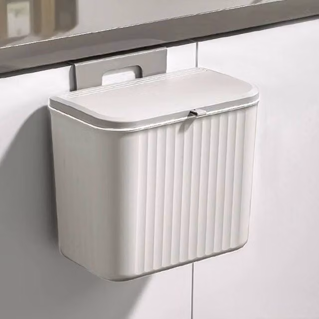 Kelvenix 9 Litre Grey Wall Mounted Plastic Kitchen Cabinet Waste Bin with Flip Lid – 1