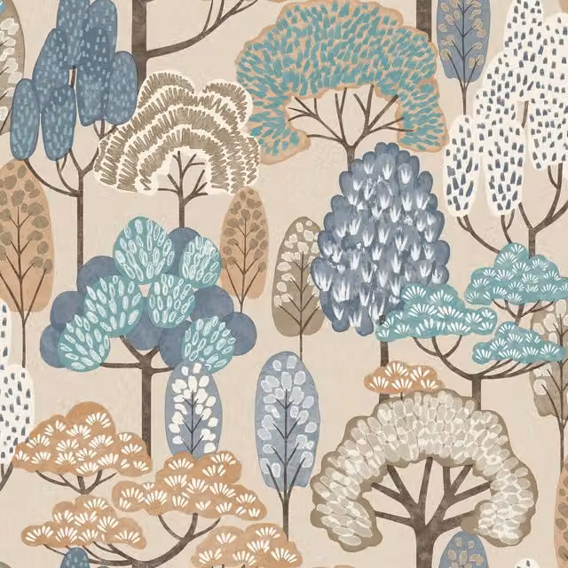 Grandeco Happy Trees Brushstroke Nursery Textured Wallpaper in Blue, Green, Beige and Multicolour